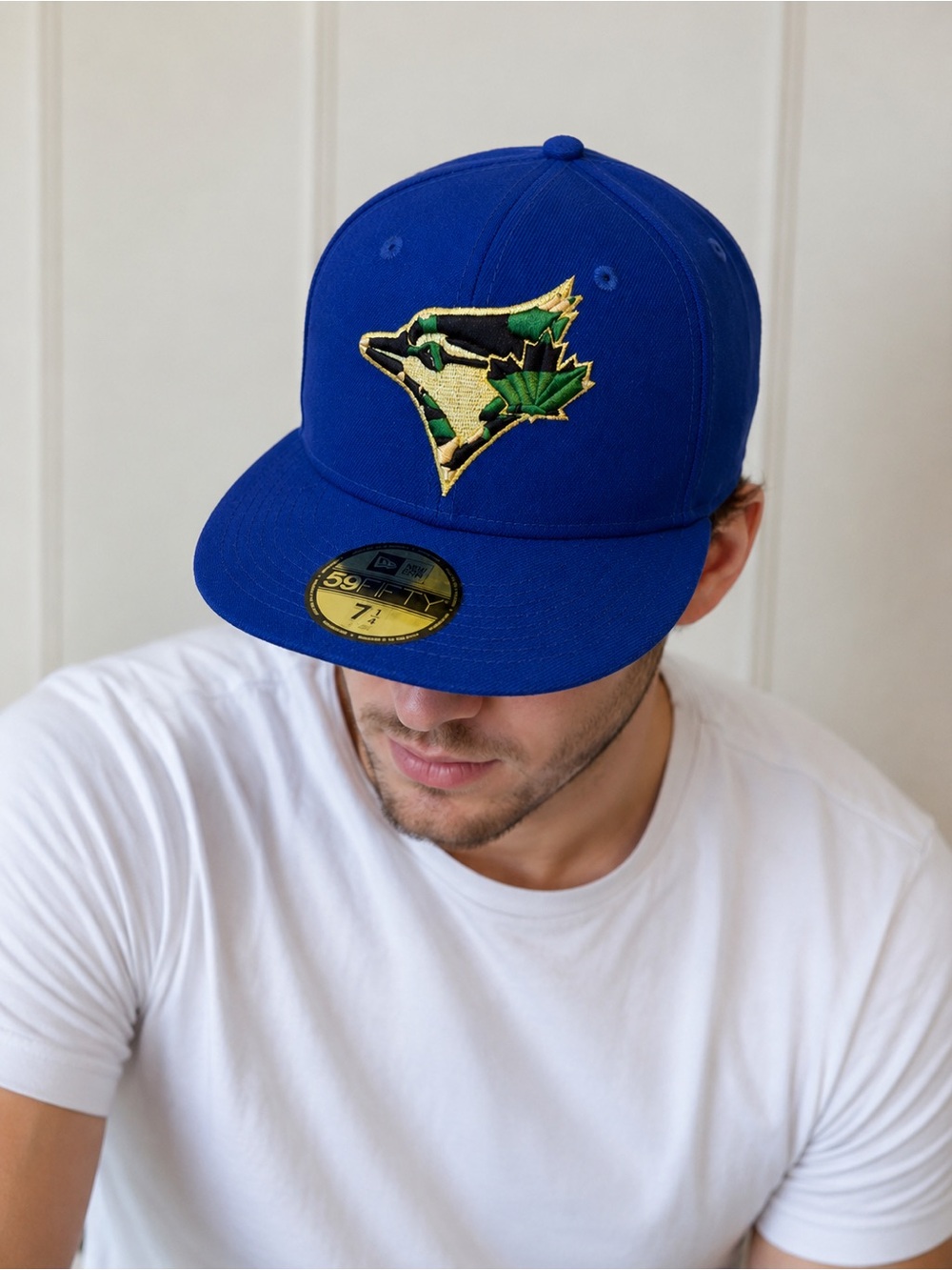 New Era Royal Blue Fitted Cap with camo brim and Gold Embroidered Logo